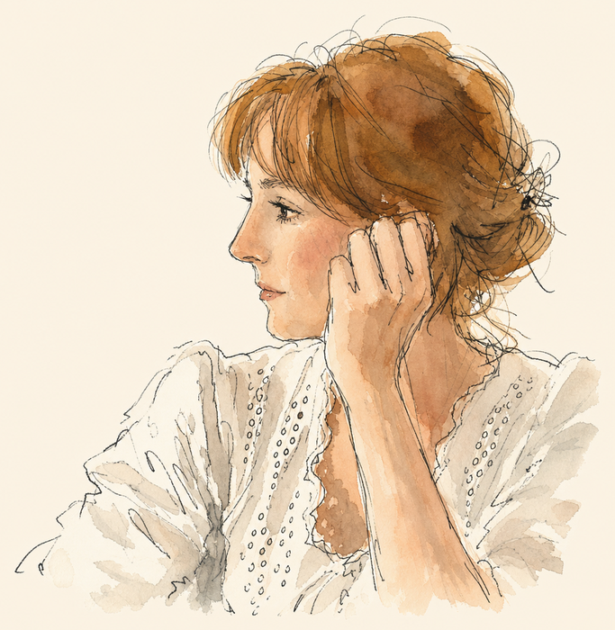 An ink and watercolour portrait of Imogen Serwotka